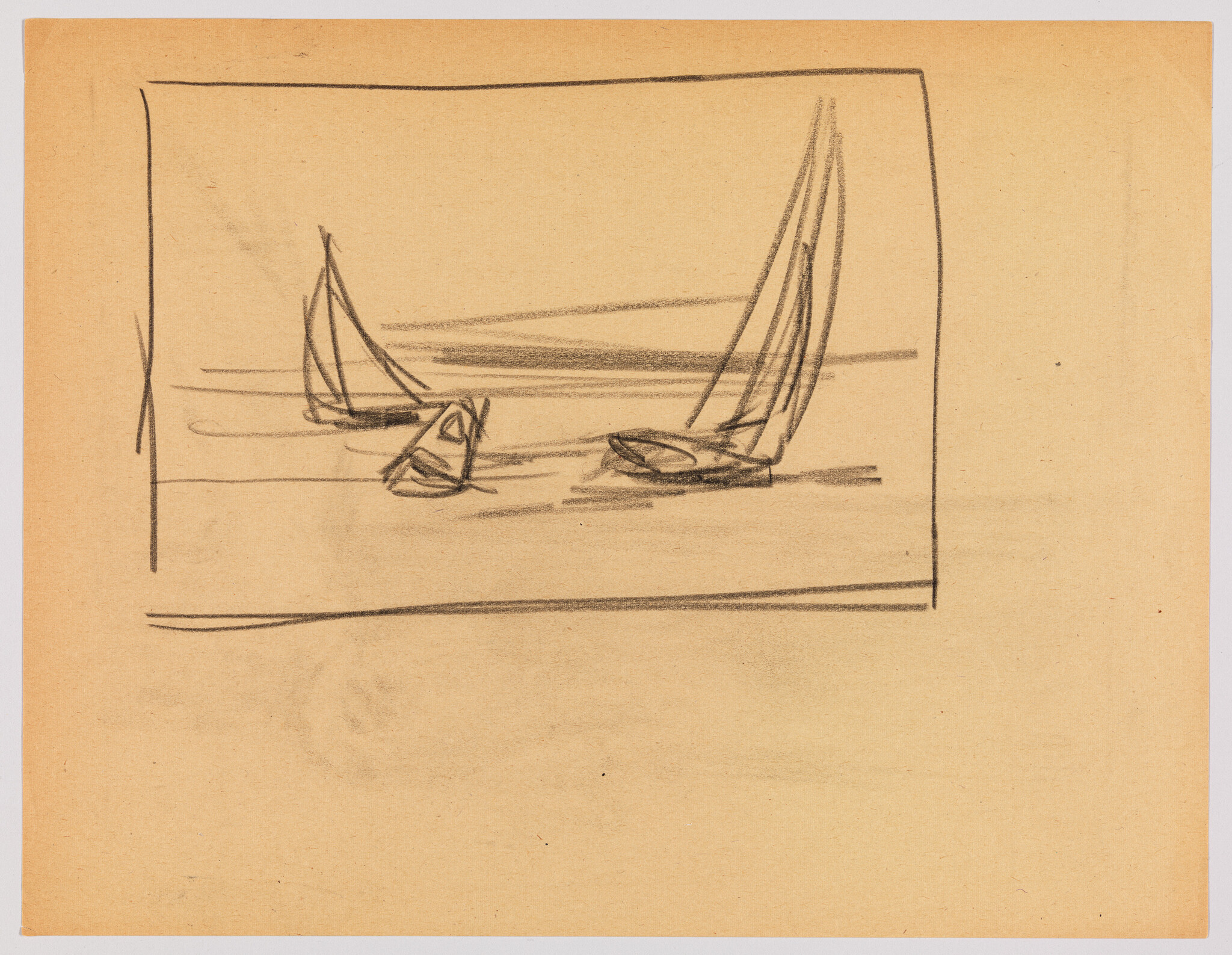 Three small sailboats with tall sails float on calm water inside a rough rectangular frame.