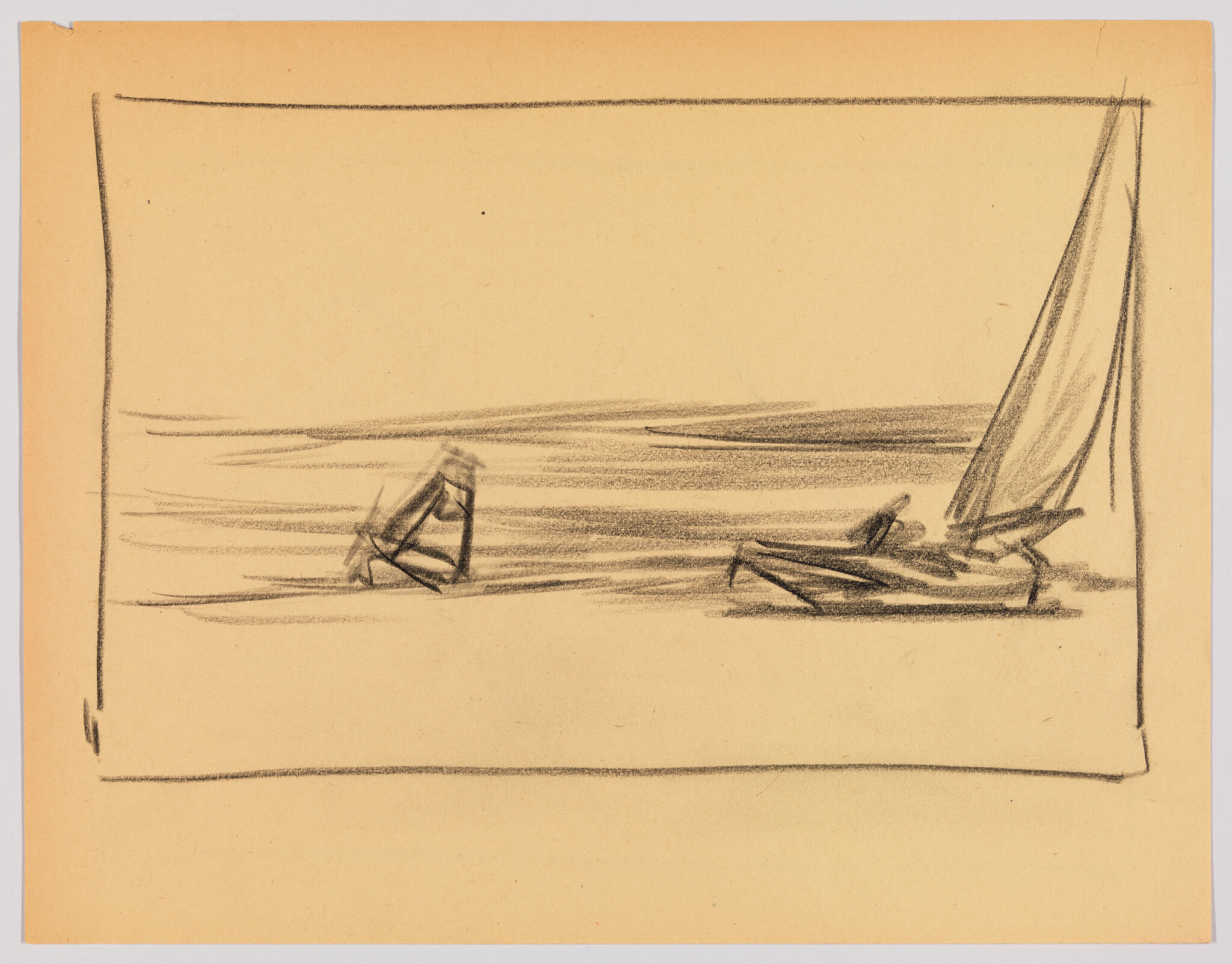 Two small sailboats on calm water, one with a tall sail on the right.