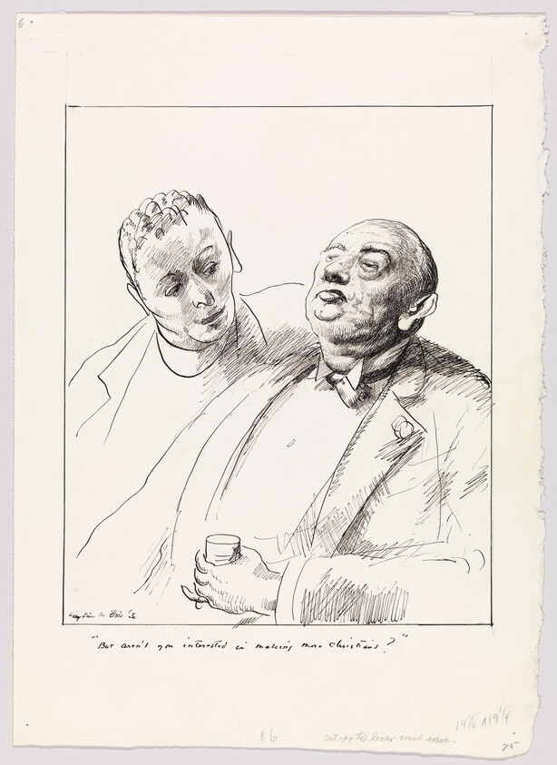 An older man reclines with a drink while a younger man leans in to listen.