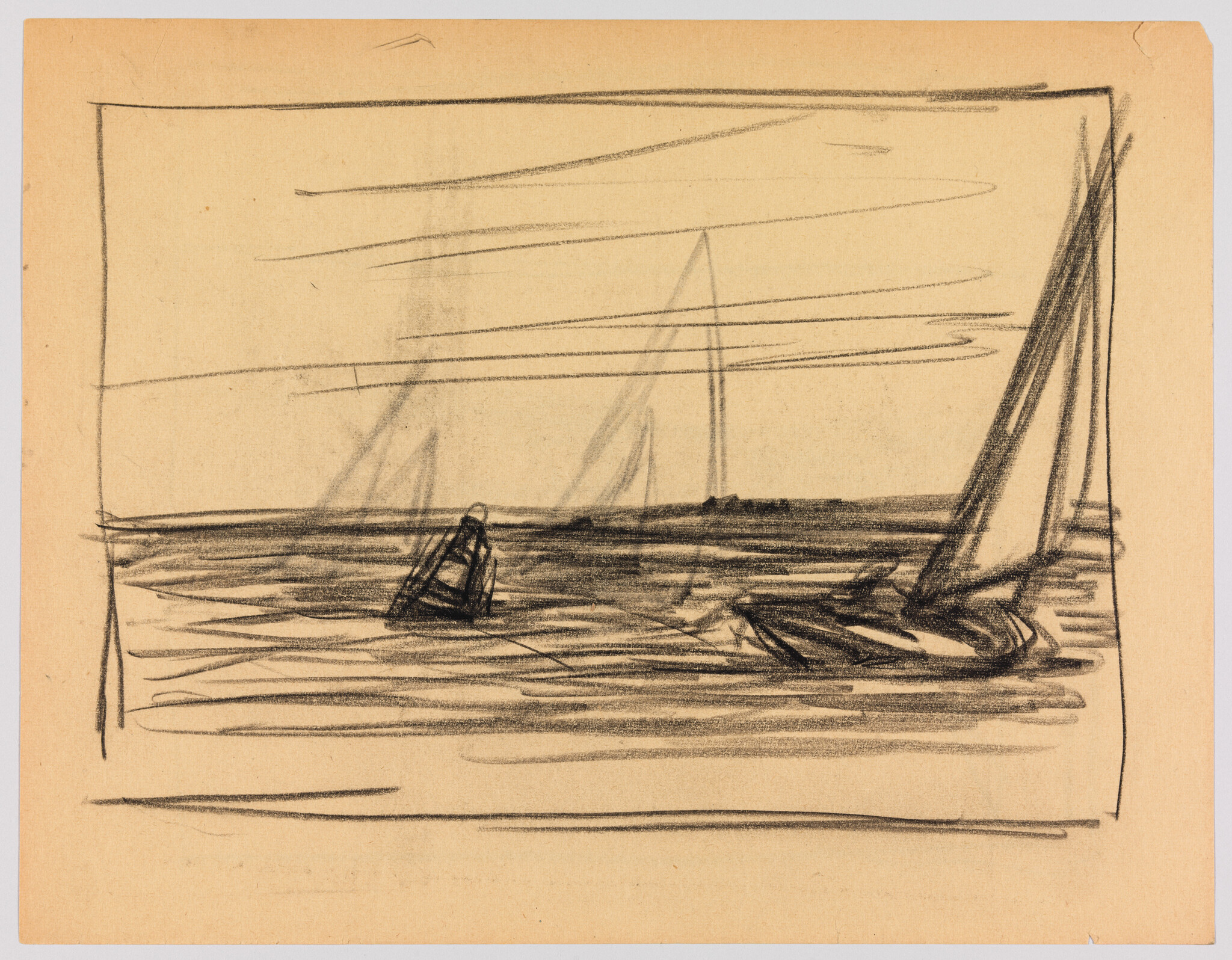 A loose charcoal sketch of sailboats drifting on calm water with visible horizon lines.