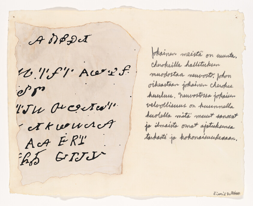 Two aged papers with bold handwritten alphabet-like characters on the left and cursive Finnish text on the right.
