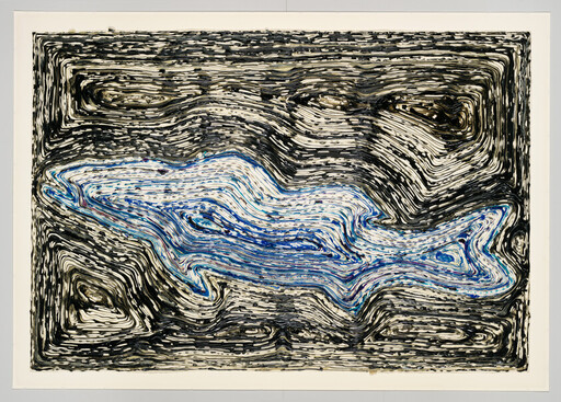 Abstract painting with layered black swirls surrounding a central blue, organic, wave-like shape.