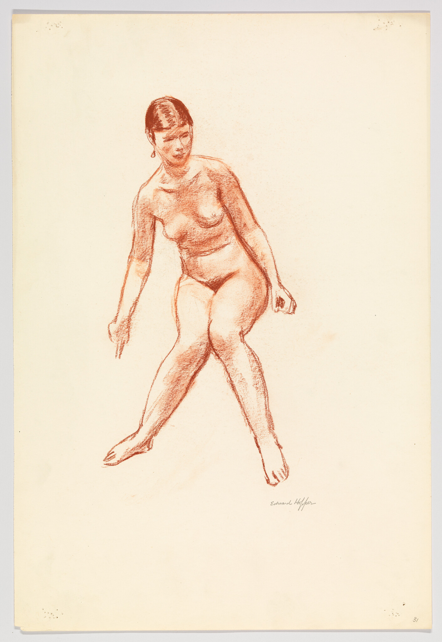 A seated nude woman leans slightly forward with legs apart and arms reaching down.