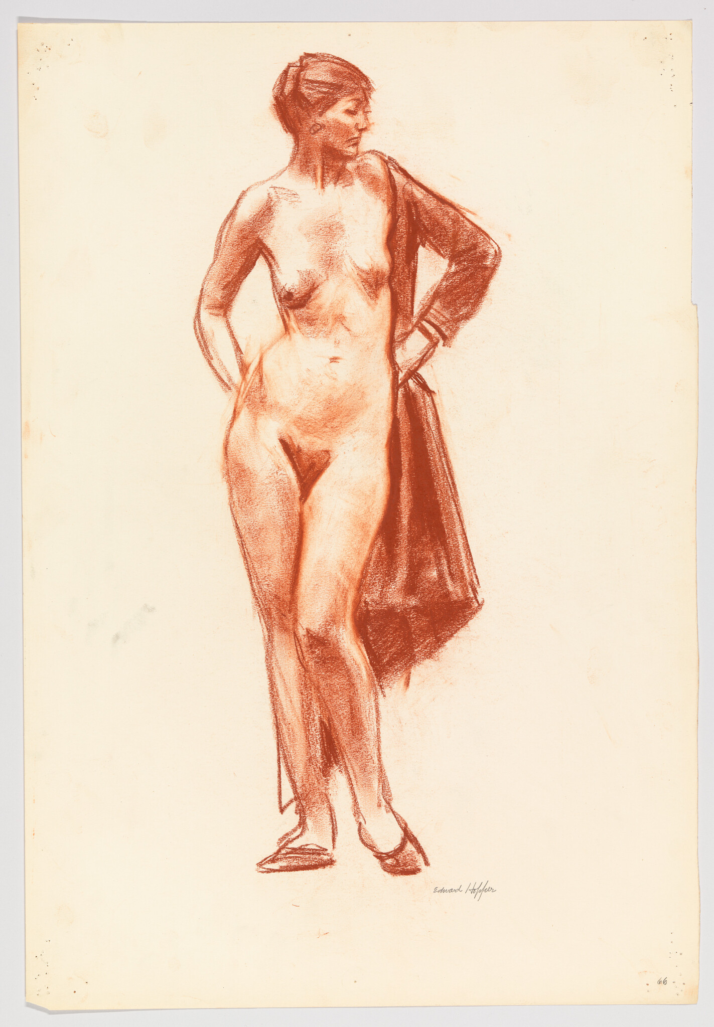 A sanguine drawing on paper depicting a standing female figure in a contrapposto pose, with her left hand on her hip and her right hand holding a draped garment. The figure has short hair and is wearing heels, and the artist's signature is visible at the bottom right.