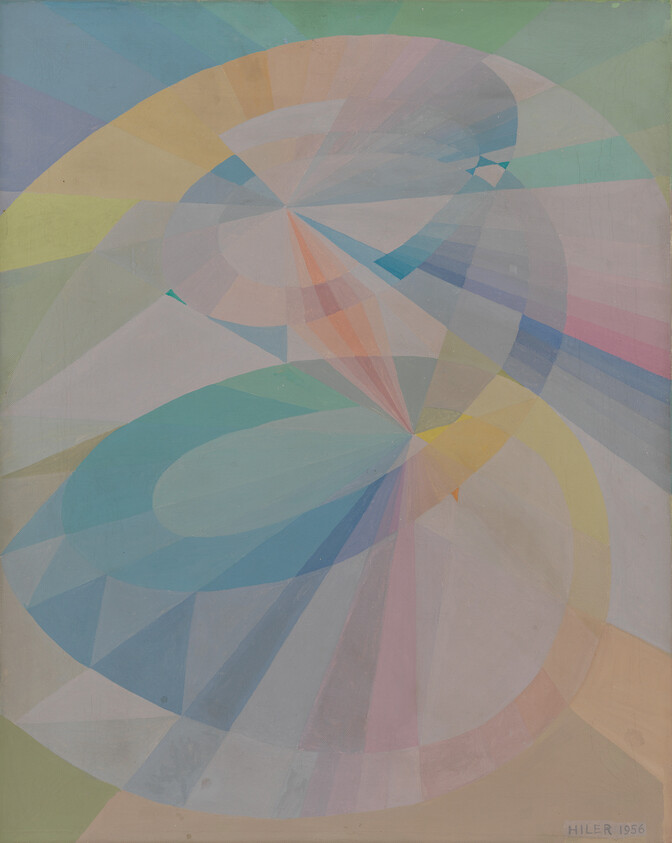 Overlapping translucent pastel bands and circular rays converge toward the center in a spiral-like composition.