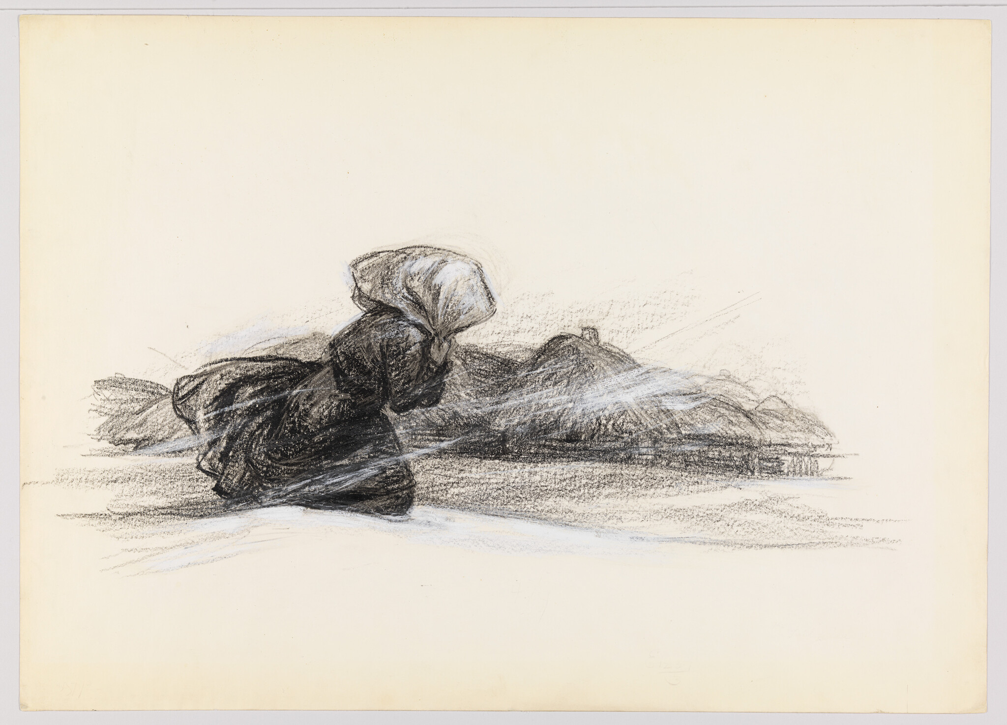 A sketch of a figure in traditional clothing, possibly a woman, kneeling on the ground with her back to the viewer. The figure is set against a lightly sketched landscape that includes mountains and a body of water. The drawing is rendered in a monochromatic palette, emphasizing texture and movement.