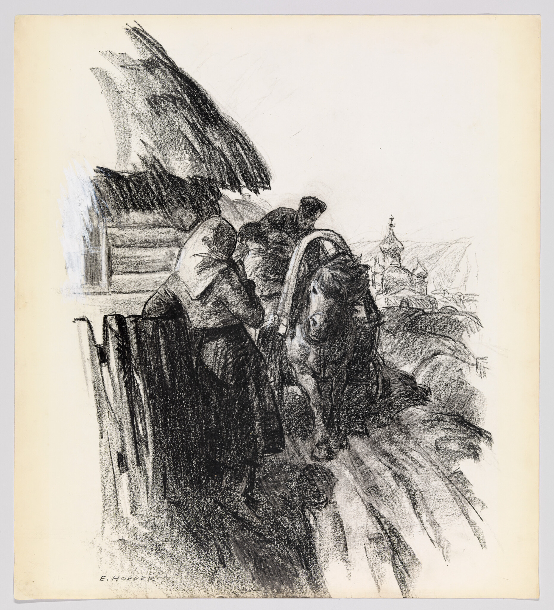 A sketch on paper depicting a scene with several figures and a horse near a wooden fence. The figures appear to be engaged in some activity, possibly related to the horse or travel. In the background, there's a suggestion of a landscape with buildings, possibly indicating a rural setting. The artwork is signed "E. Hopper" at the bottom.