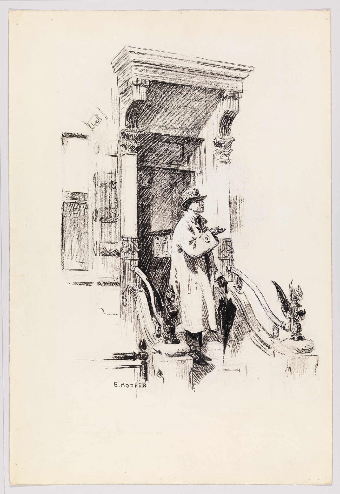 A man in a hat and overcoat stands on a carved stoop holding a closed umbrella.