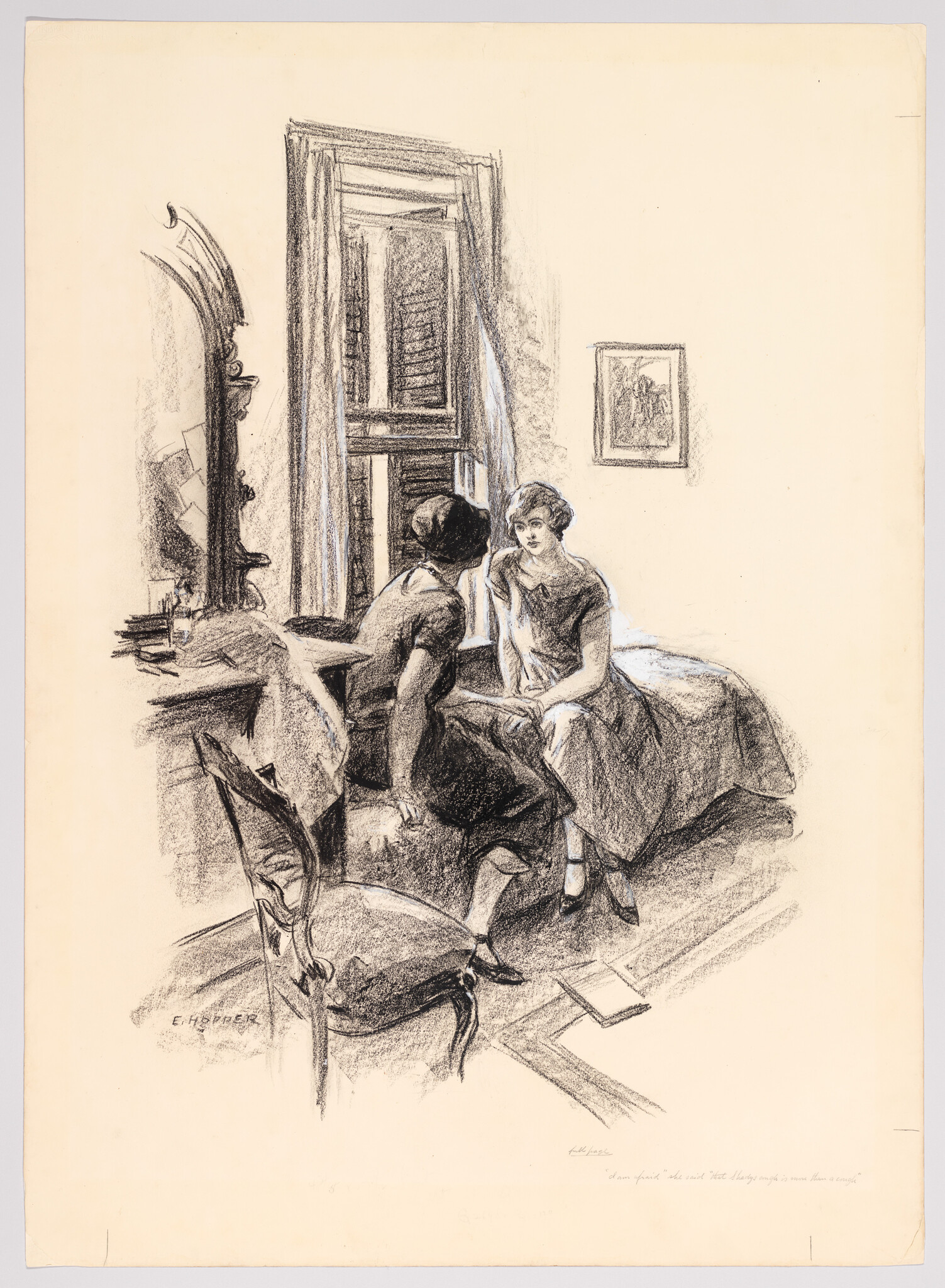 Two young women sit and talk beside a bed near an open window in a bedroom.