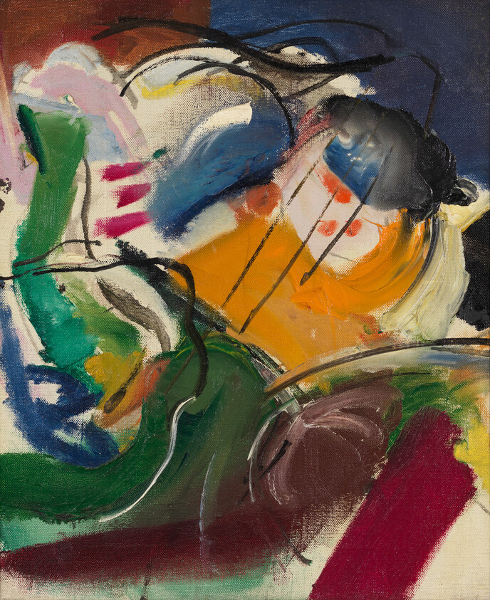 An abstract expressionist painting featuring a dynamic array of brushstrokes and vibrant colors, including blues, greens, oranges, and pinks, with bold black lines creating a sense of movement and depth.