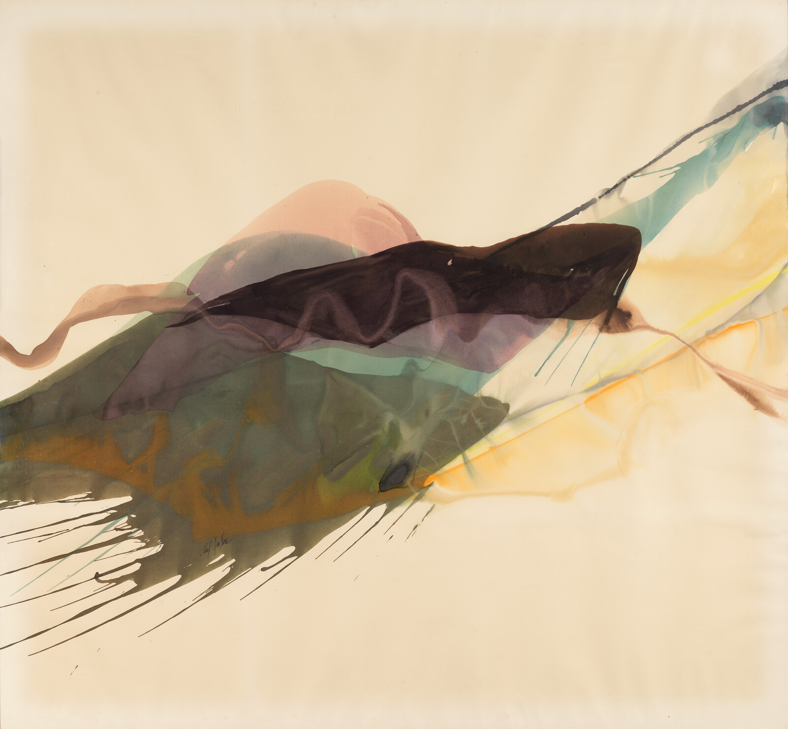 Layered translucent watercolor shapes sweep diagonally across a cream background, creating soft organic forms.