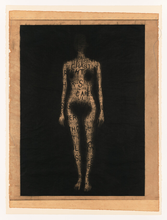 Silhouetted standing figure composed of printed words against a dark background.