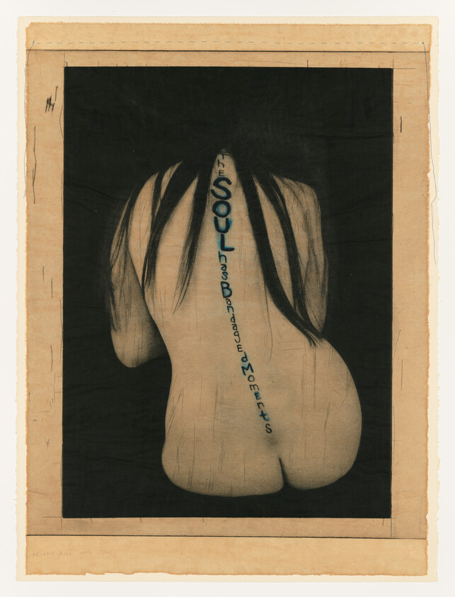 Naked back of a kneeling person with long hair and vertical spine text "The Soul Has Bandaged Moments."
