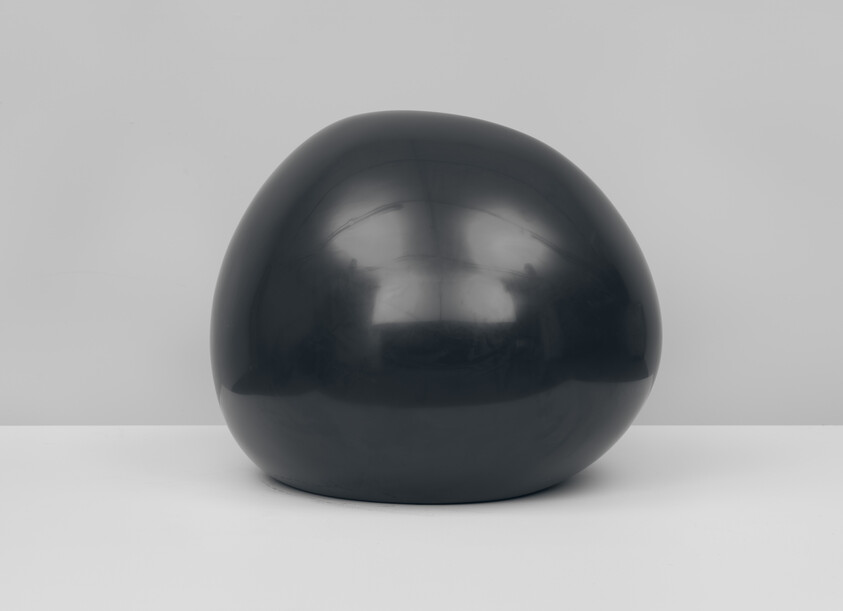 A glossy black egg-shaped sculpture with a smooth surface is centered against a light grey background. The sculpture's reflective finish captures subtle reflections of its surroundings.