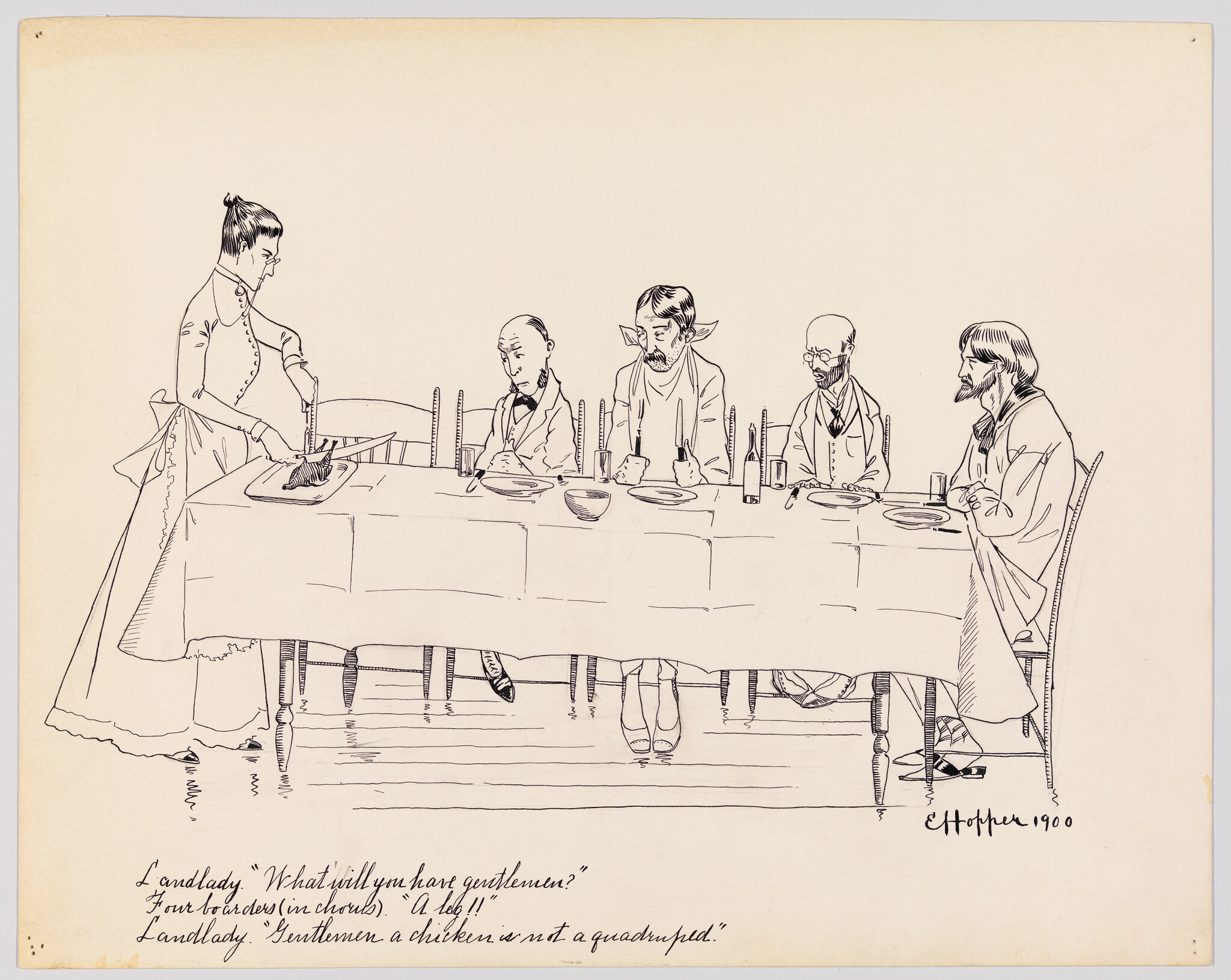 A landlady carves a chicken at a long table while four men sit waiting.