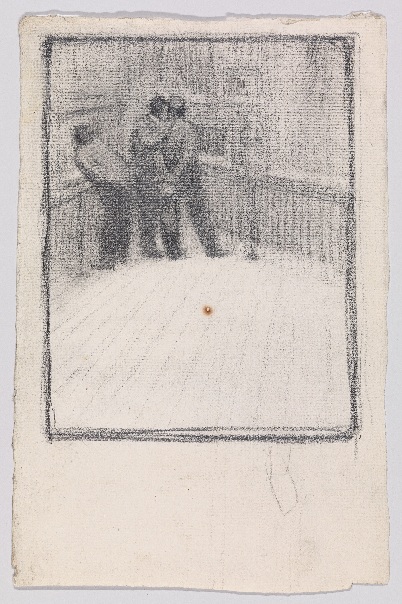 Three figures stand on a balcony, two embracing while another leans on a railing.