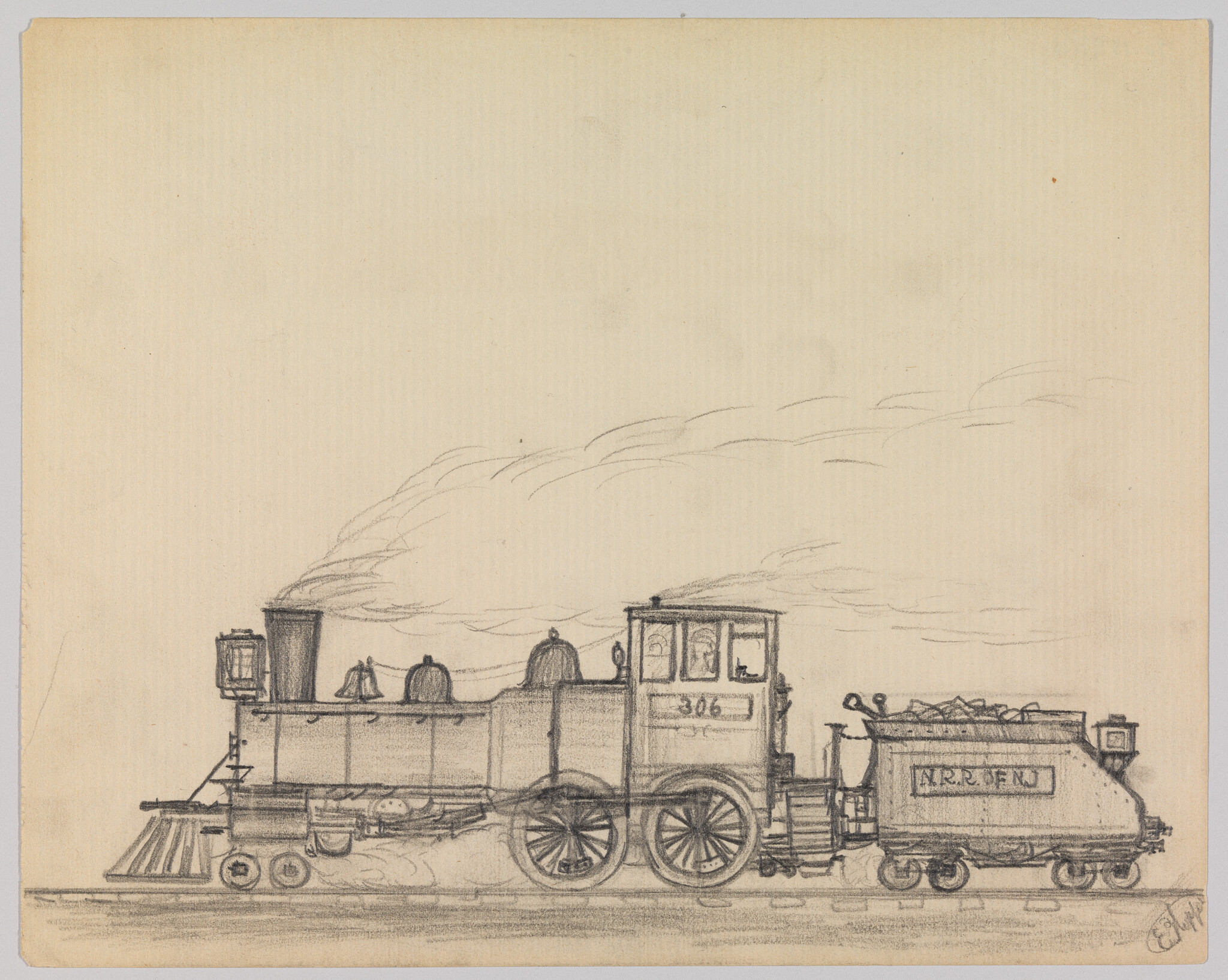 Pencil drawing shows a steam locomotive numbered 306 pulling a coal tender with smoke trailing.