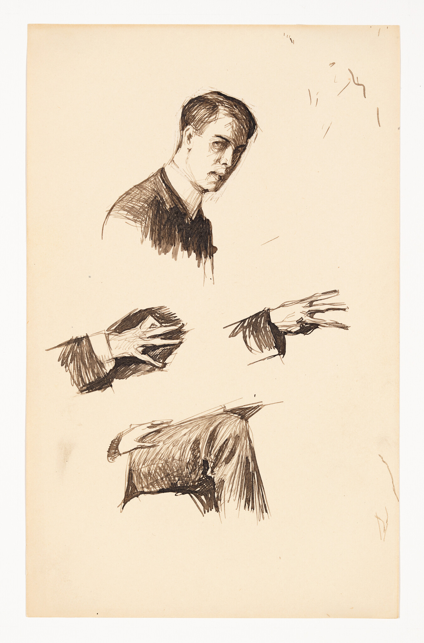 A pen sketch showing a man's head and several detailed studies of hands and sleeves.