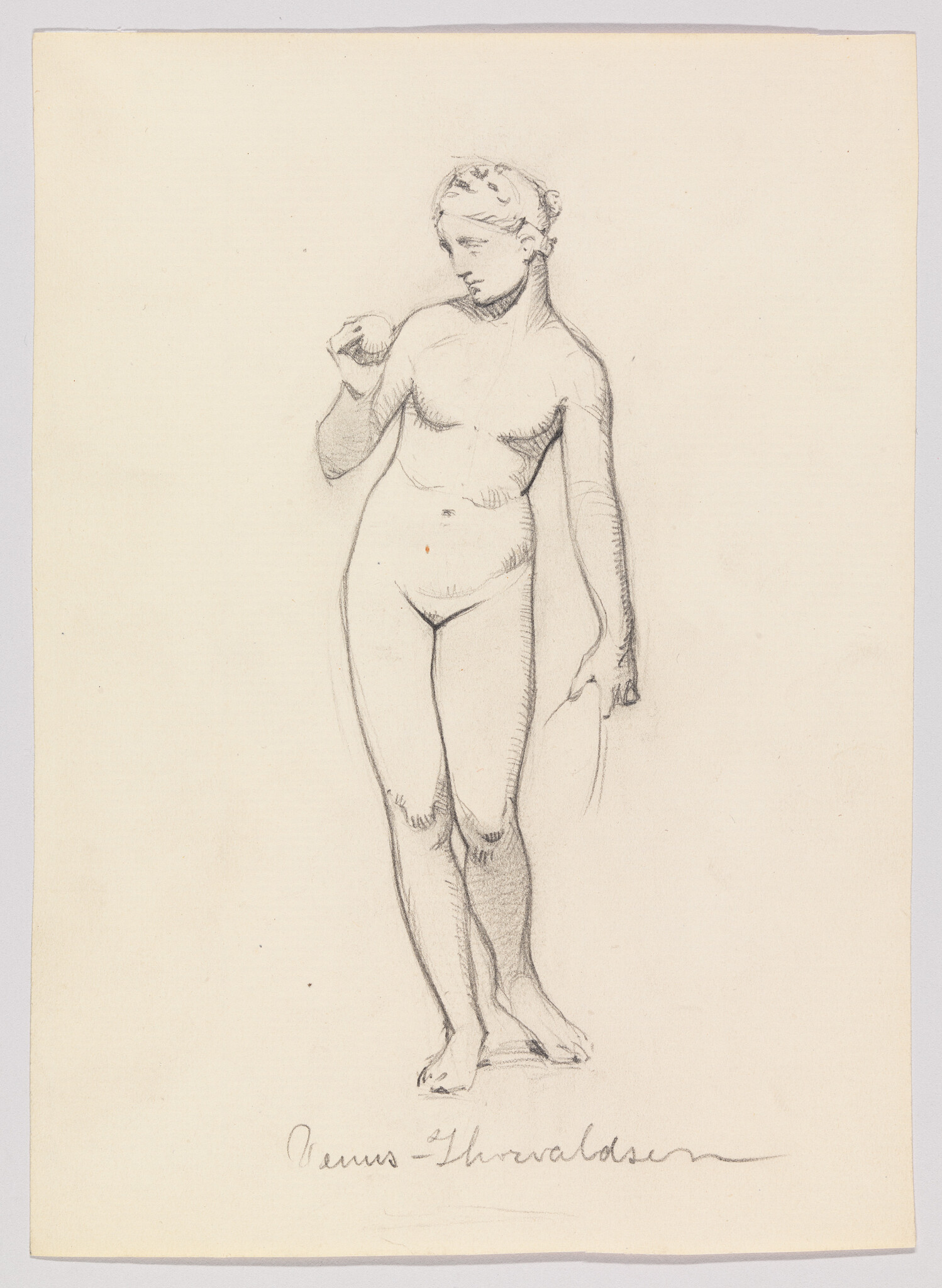 A pencil sketch of a standing nude female figure with weight shifted onto one leg.