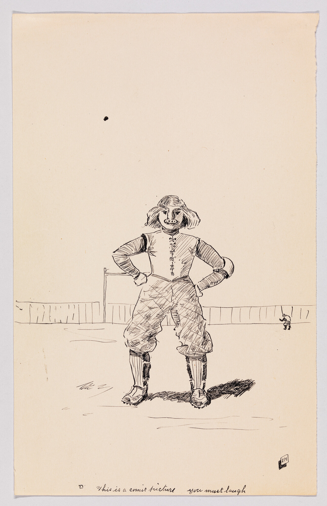 A standing baseball player in vintage uniform poses with hands on hips on field.