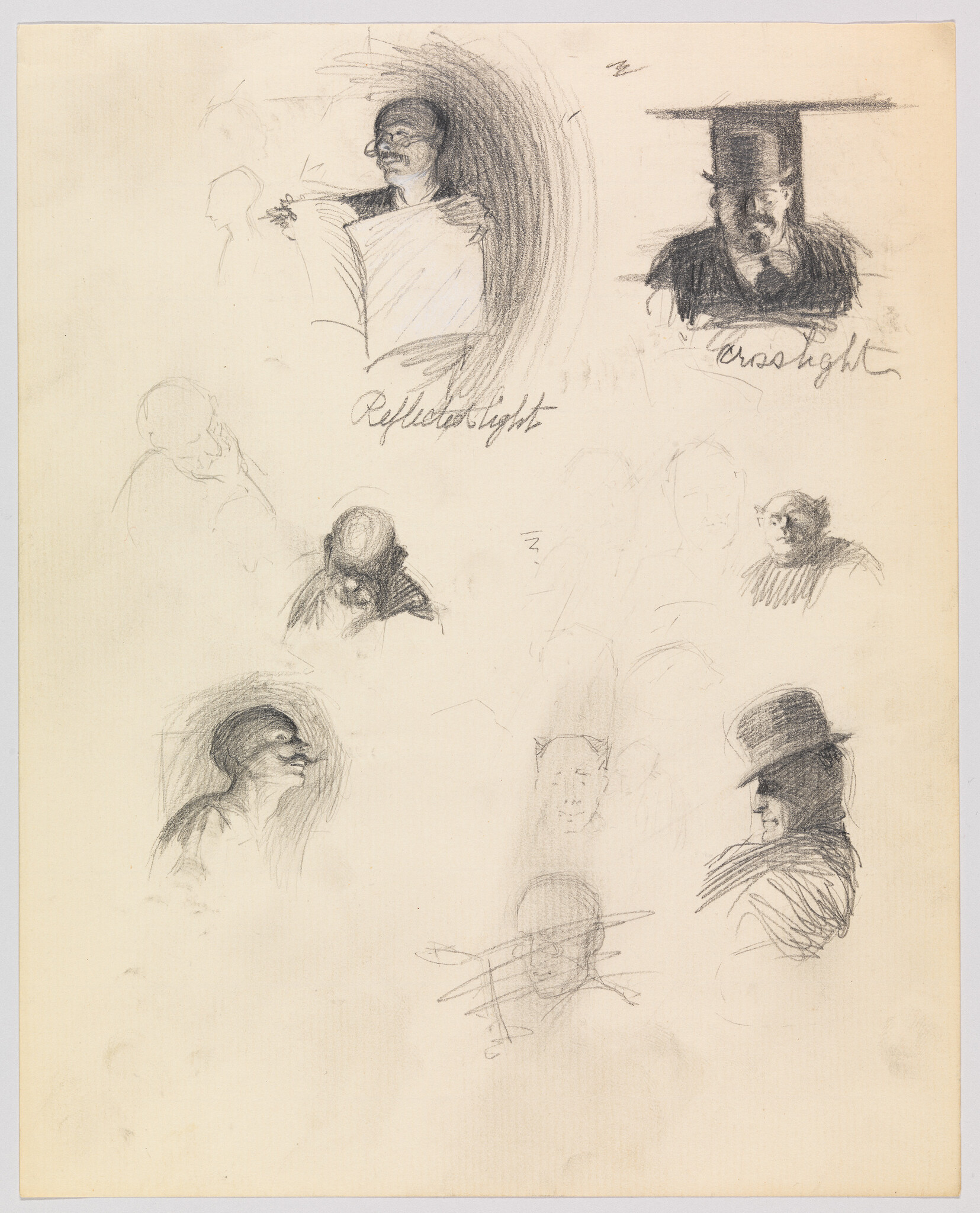 Several pencil sketches of different heads and profiles with notes about reflected light and cross light.