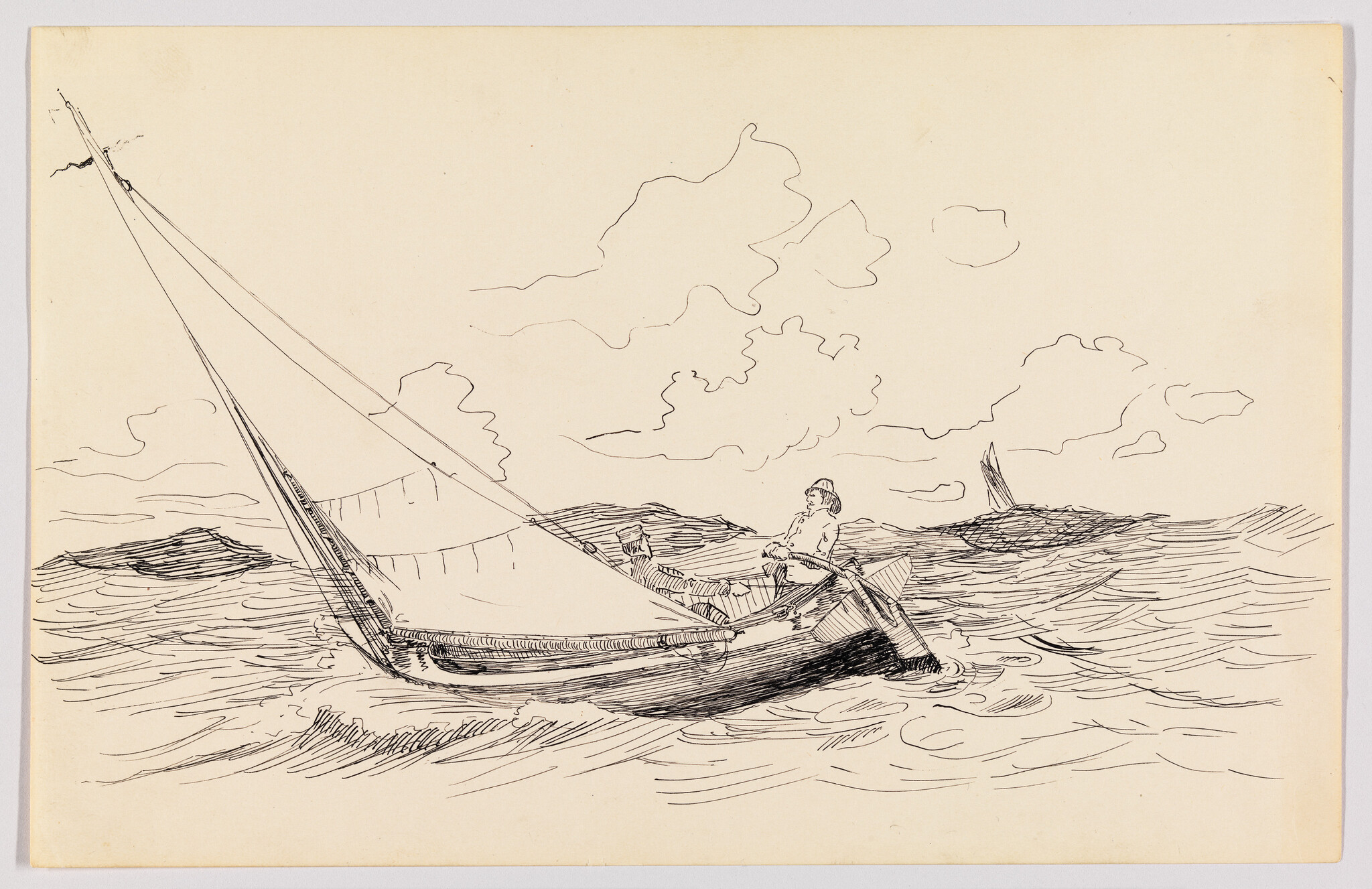 A small sailboat with two people navigating choppy waves under a cloudy sky.