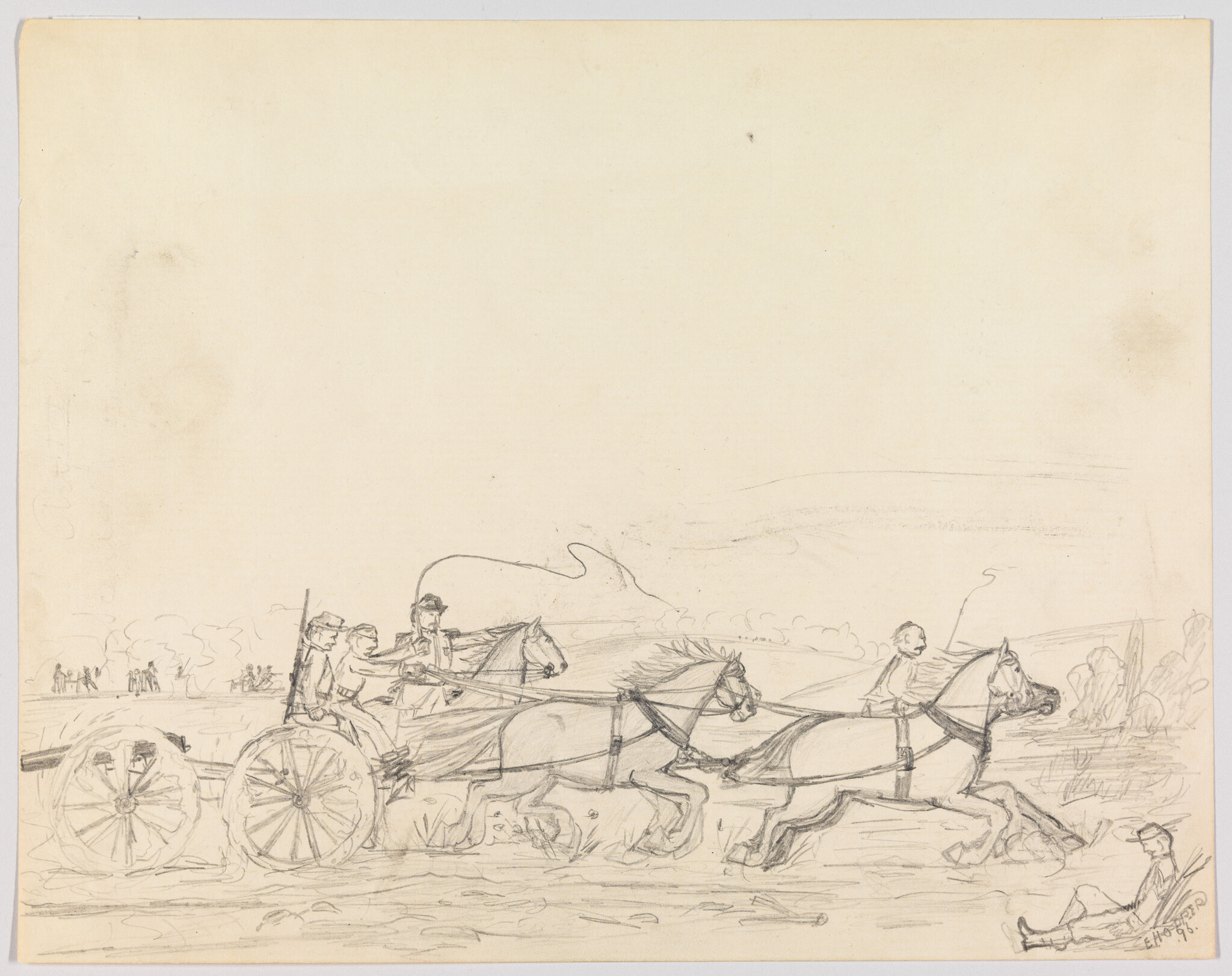 A pencil sketch shows three horses pulling a cart with riders across a field.