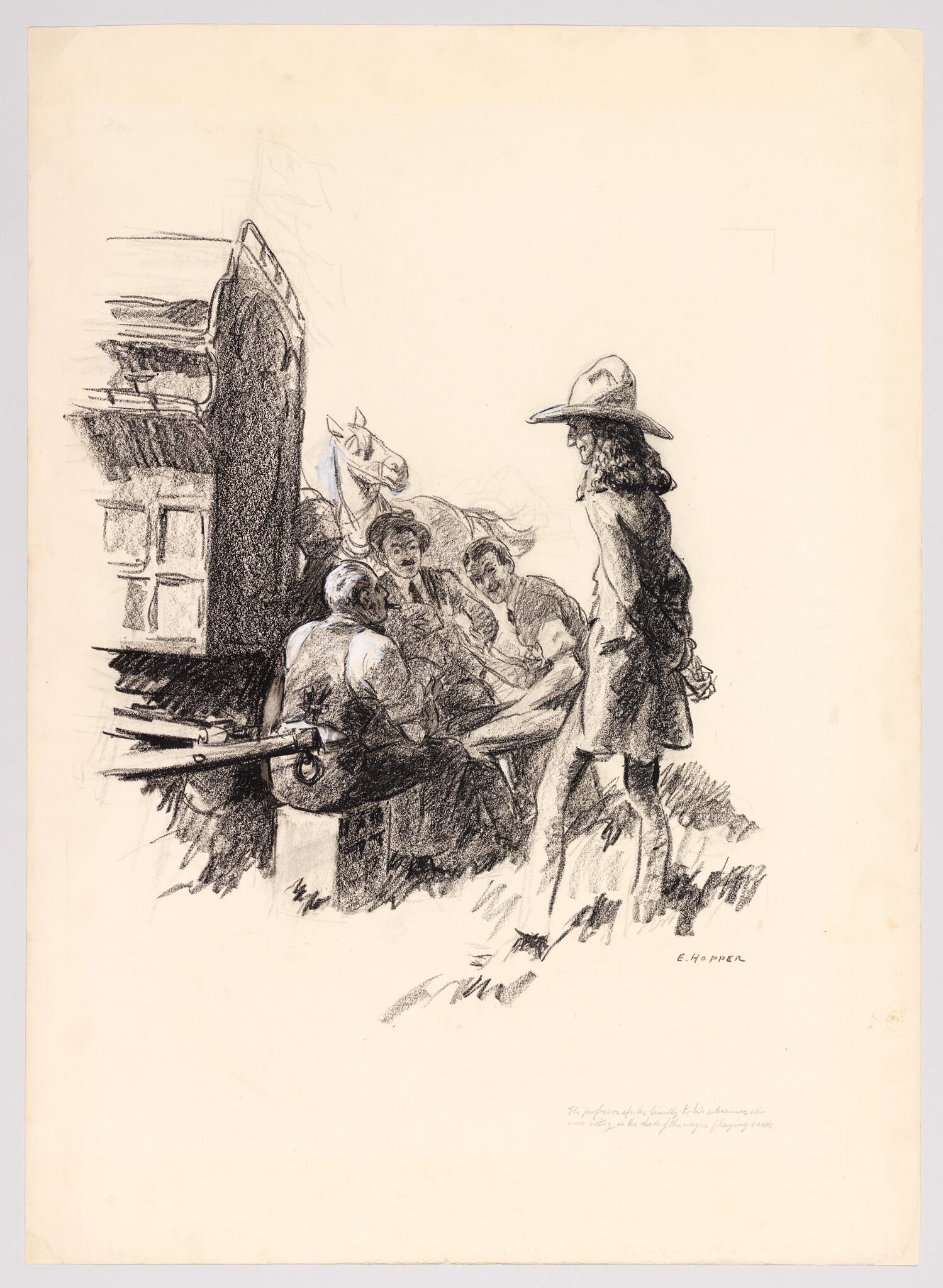 A young man in a wide-brimmed hat stands while three seated men talk beside a wagon.