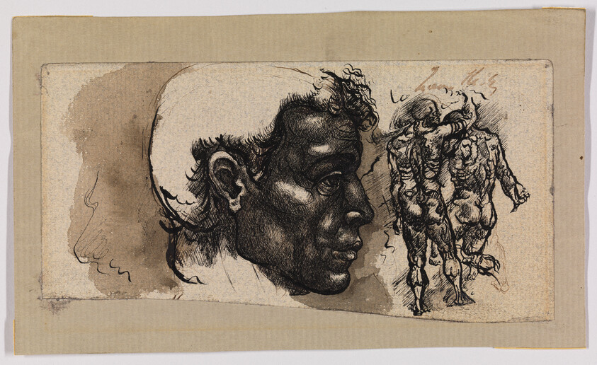 Large ink drawing of a man's dark profile facing three walking nude figures sketched to the right.