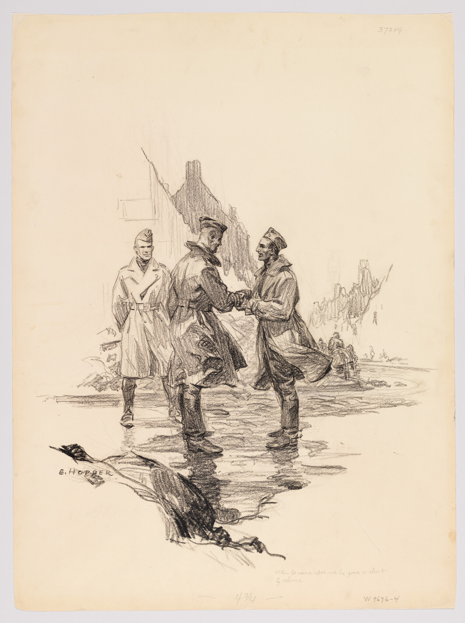 Two soldiers shake hands in muddy water while a third watches against ruined buildings.