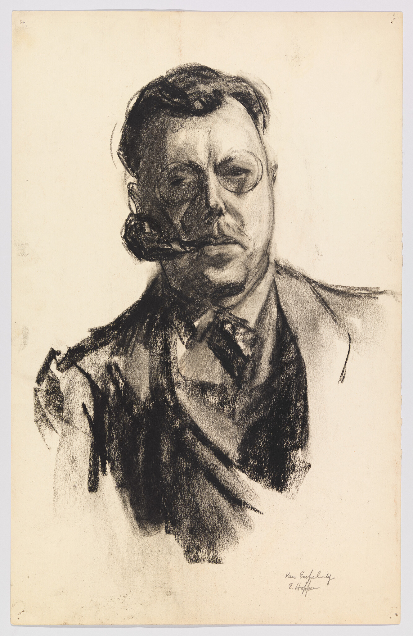 Charcoal portrait of a man wearing glasses and a suit smoking a pipe.