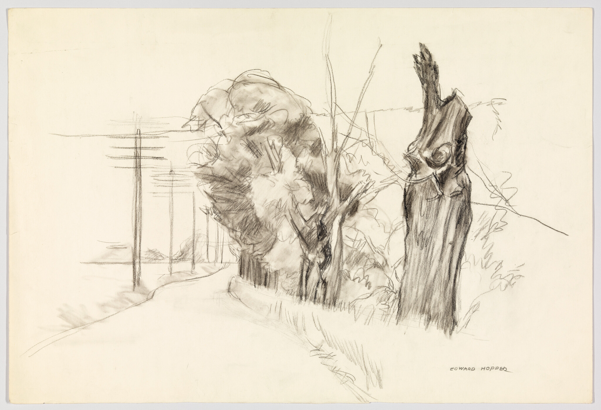 A pencil sketch of a country road lined with telephone poles and leafy trees.