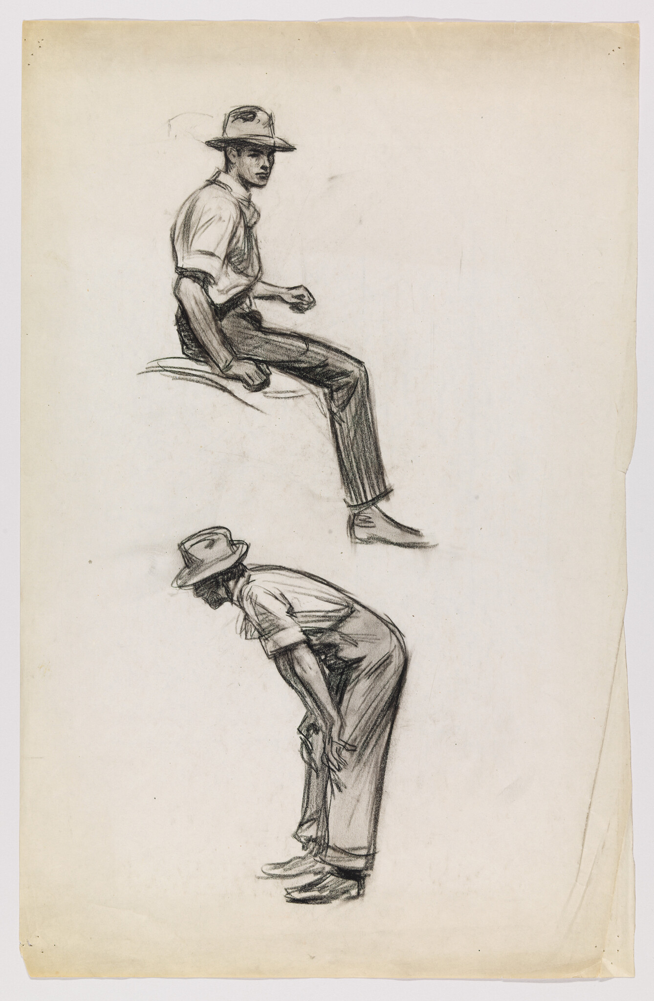 Two charcoal sketches of a man wearing a hat, one seated and one bent forward.