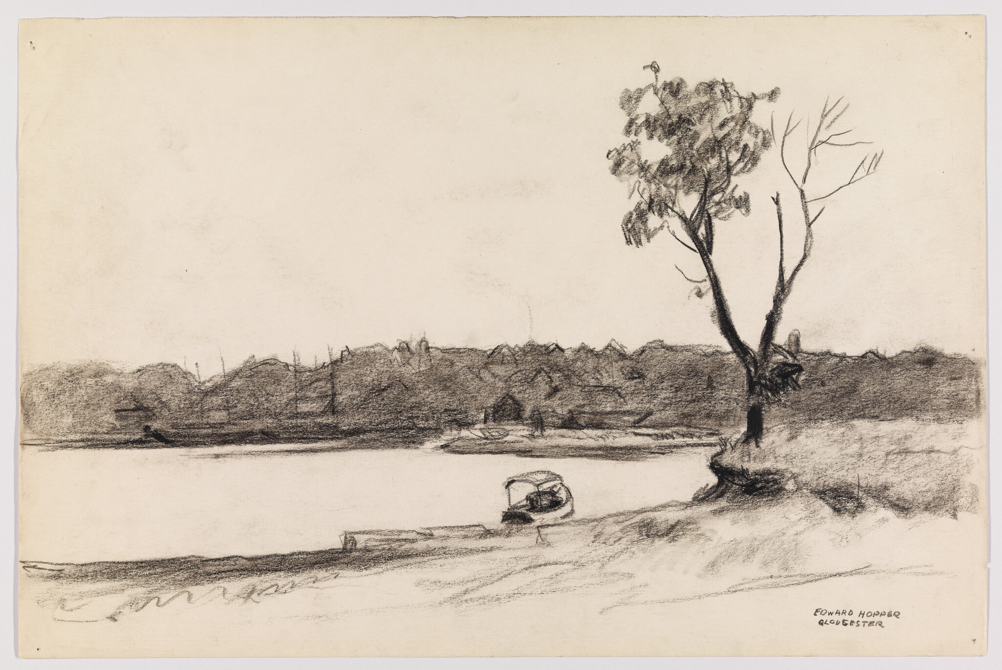A lone tree stands on a riverbank with a small boat tied nearby.