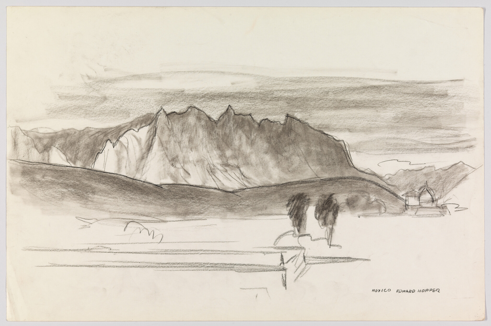 Dramatic charcoal sketch of jagged mountains with rolling hills, two trees, and distant buildings.