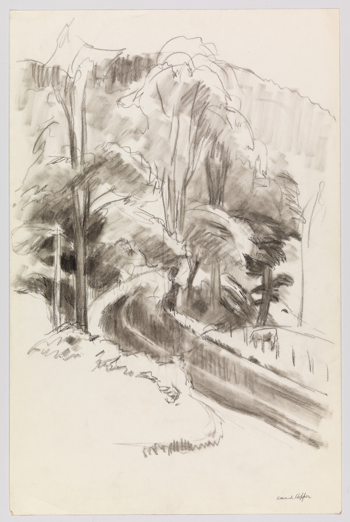 A charcoal sketch of a winding road flanked by tall, leafy trees.