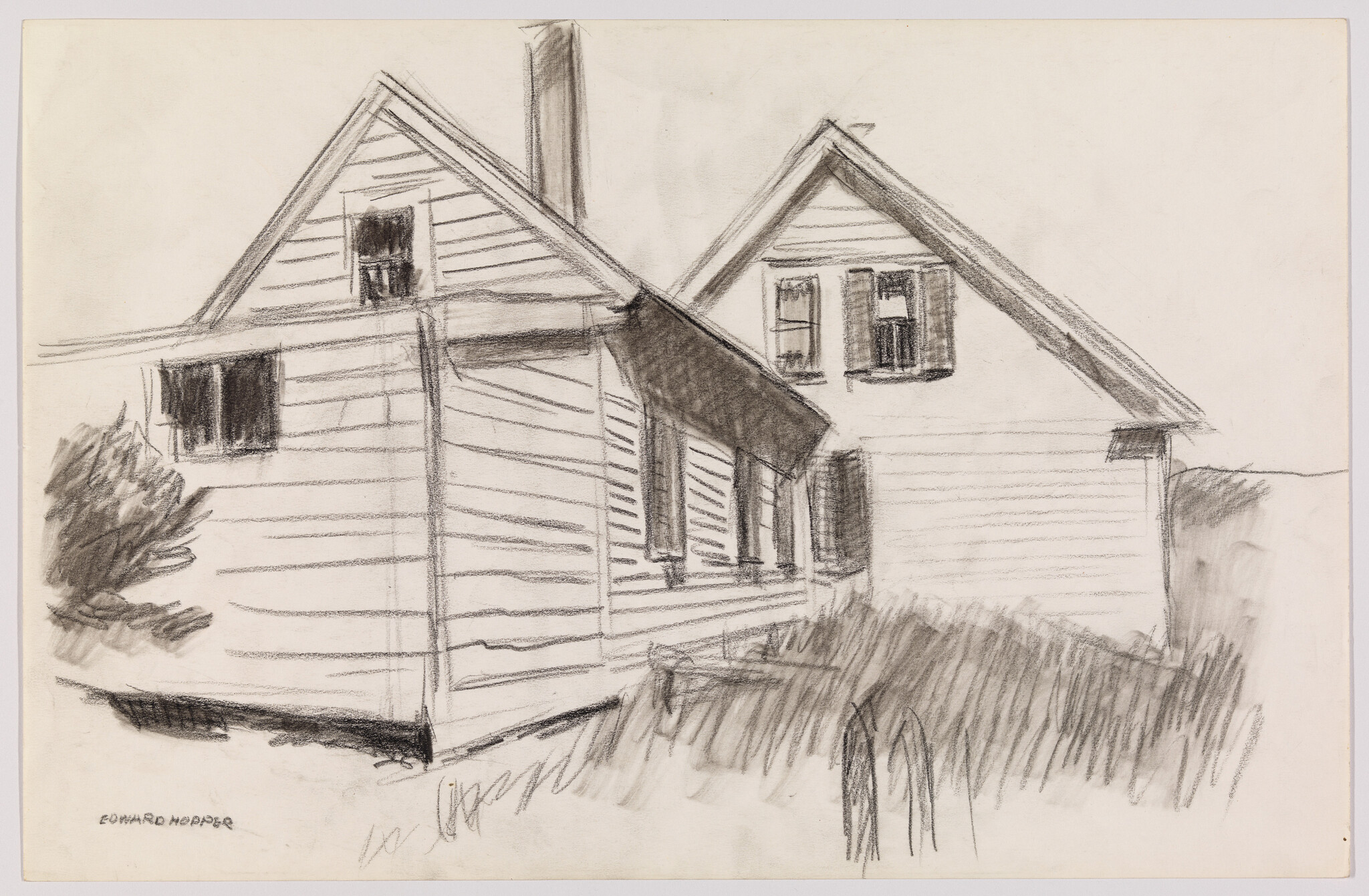 Two connected wooden houses with pitched roofs and shaded windows drawn in charcoal.