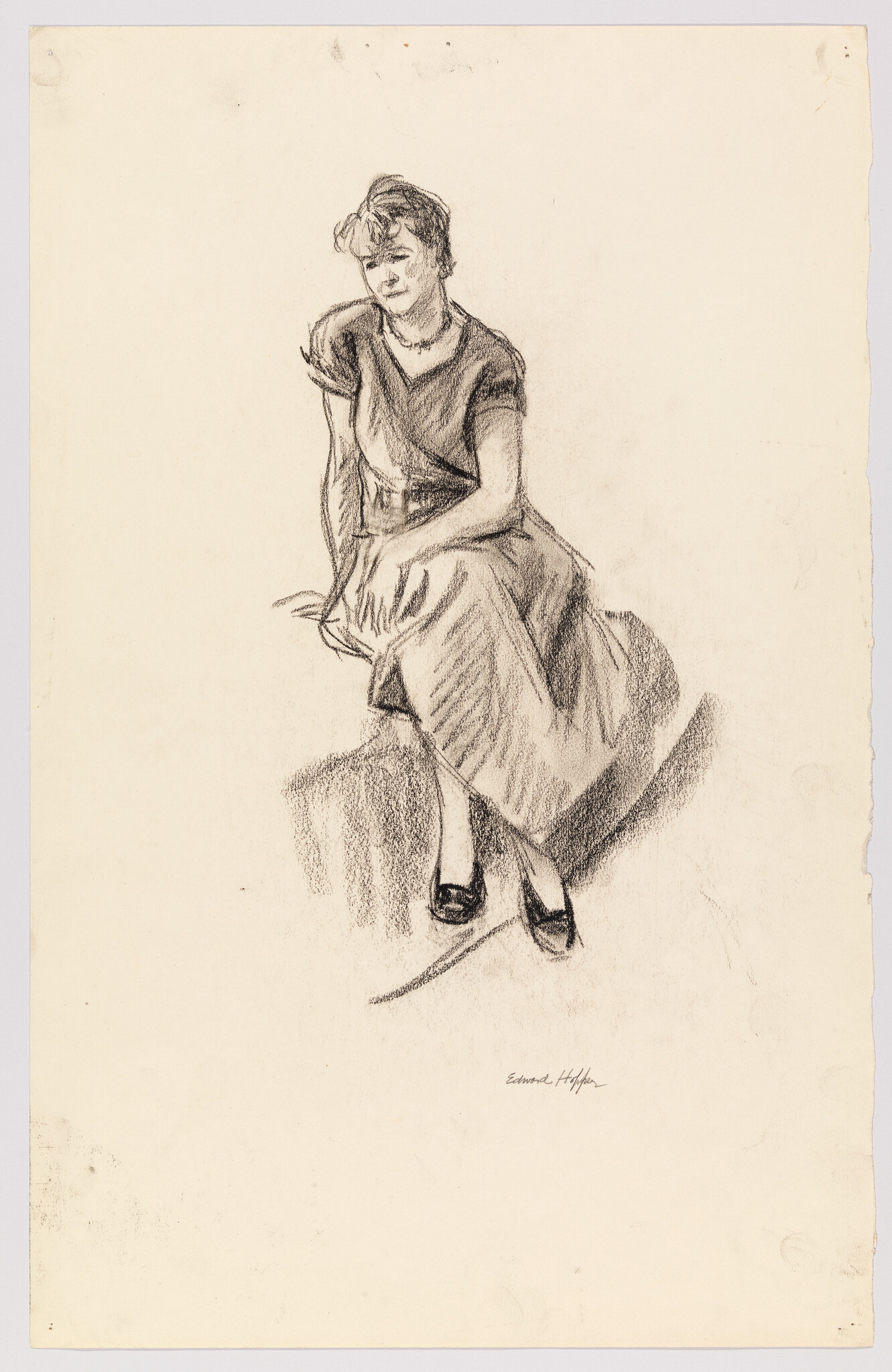A charcoal sketch of a seated woman in a dress and heels, hands resting on her lap.