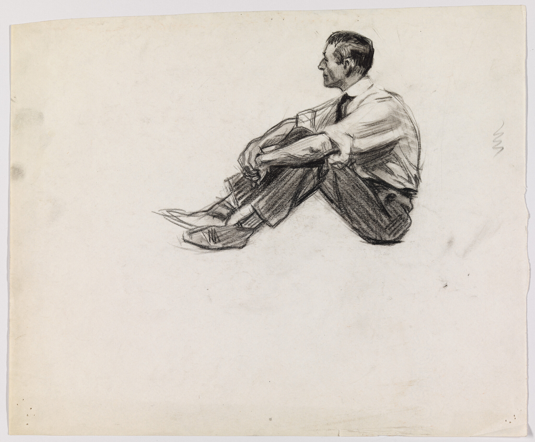 A charcoal sketch of a seated man in shirt and tie holding his knees.