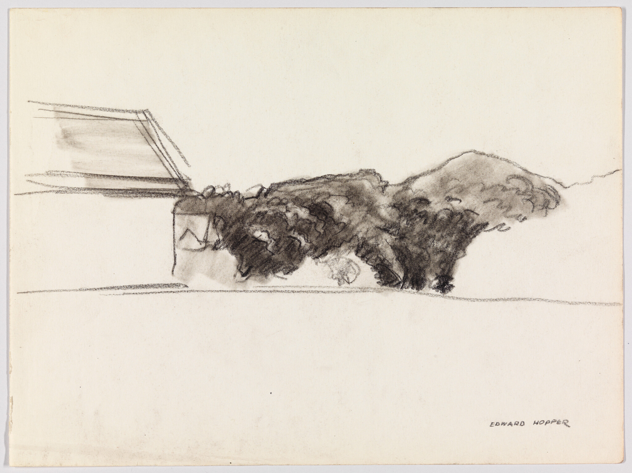 A simple charcoal sketch showing a house corner and dense bushes along a low horizon.