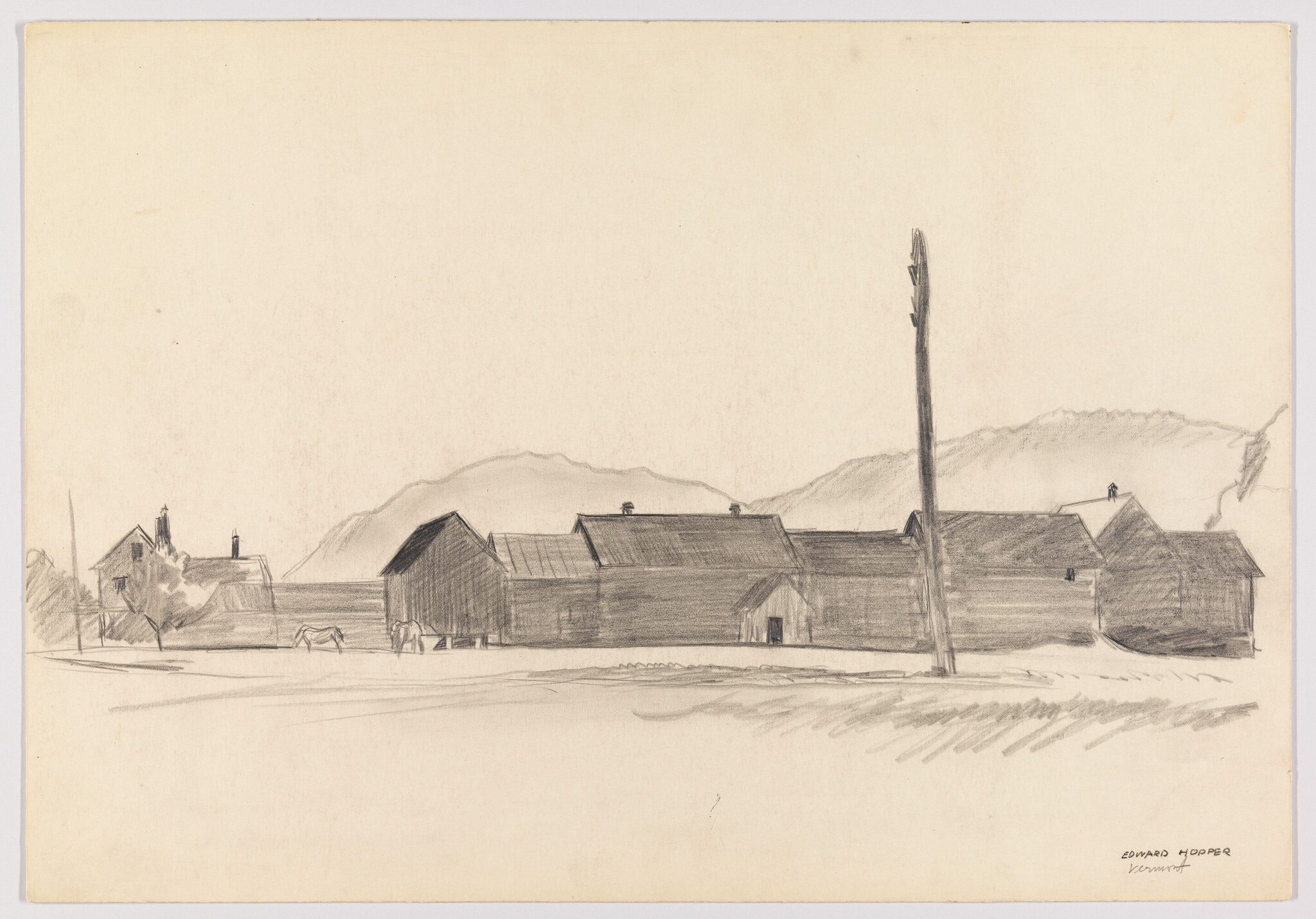A pencil sketch shows a row of farm barns and a tall utility pole against distant hills.