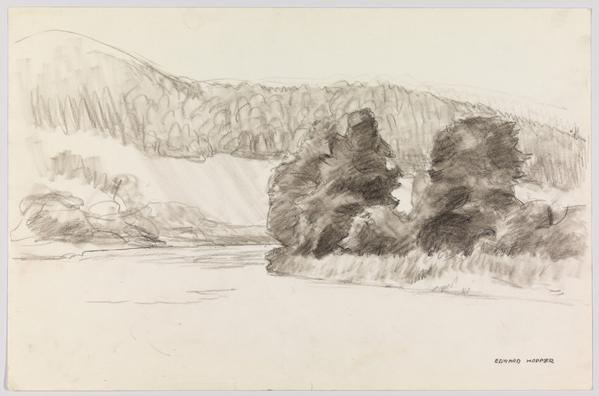 A pencil sketch of dense riverside trees and distant forested hills beside a calm river.