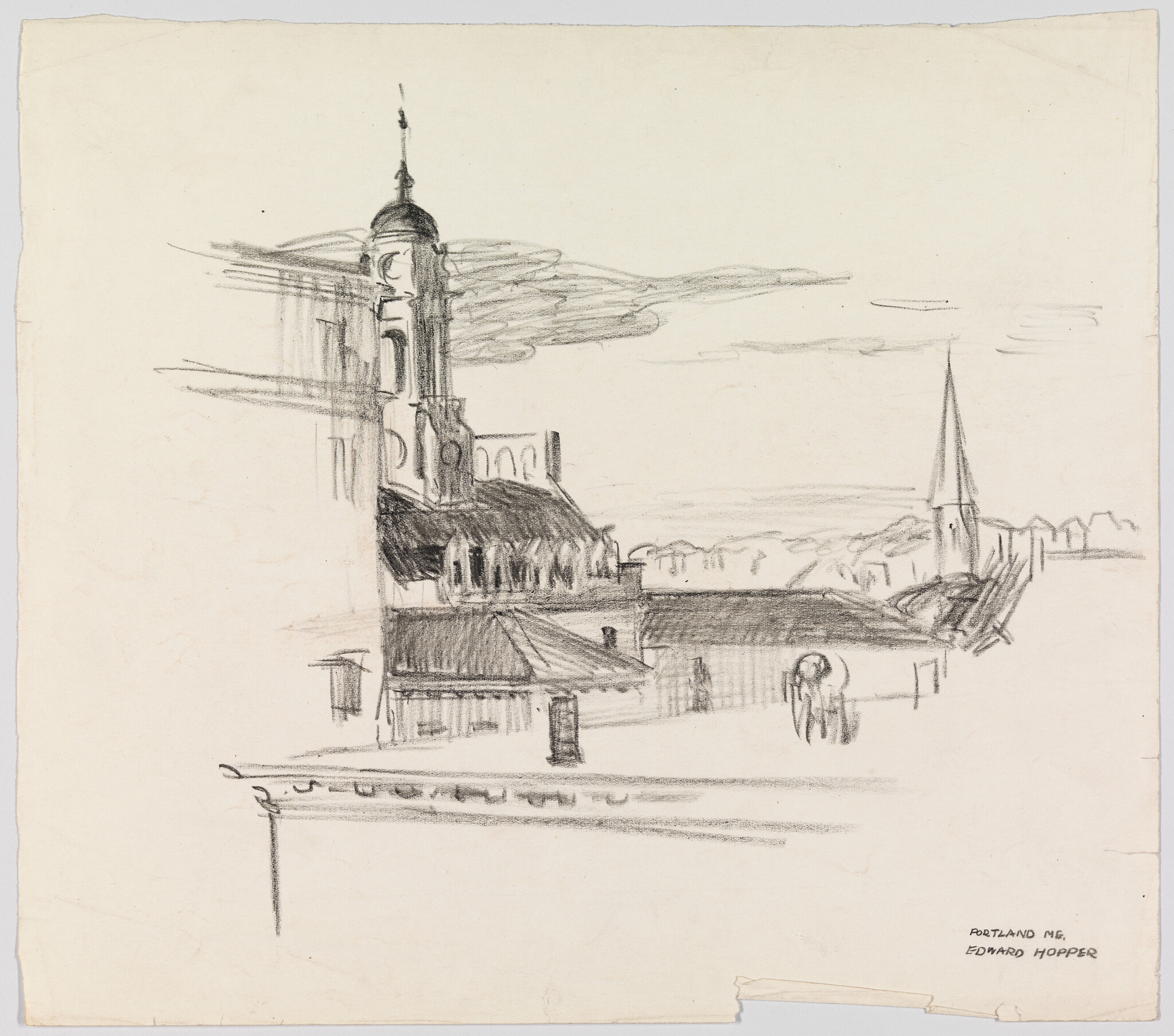 Pencil sketch of a town skyline with a tall clock tower, rooftops, and distant steeple.