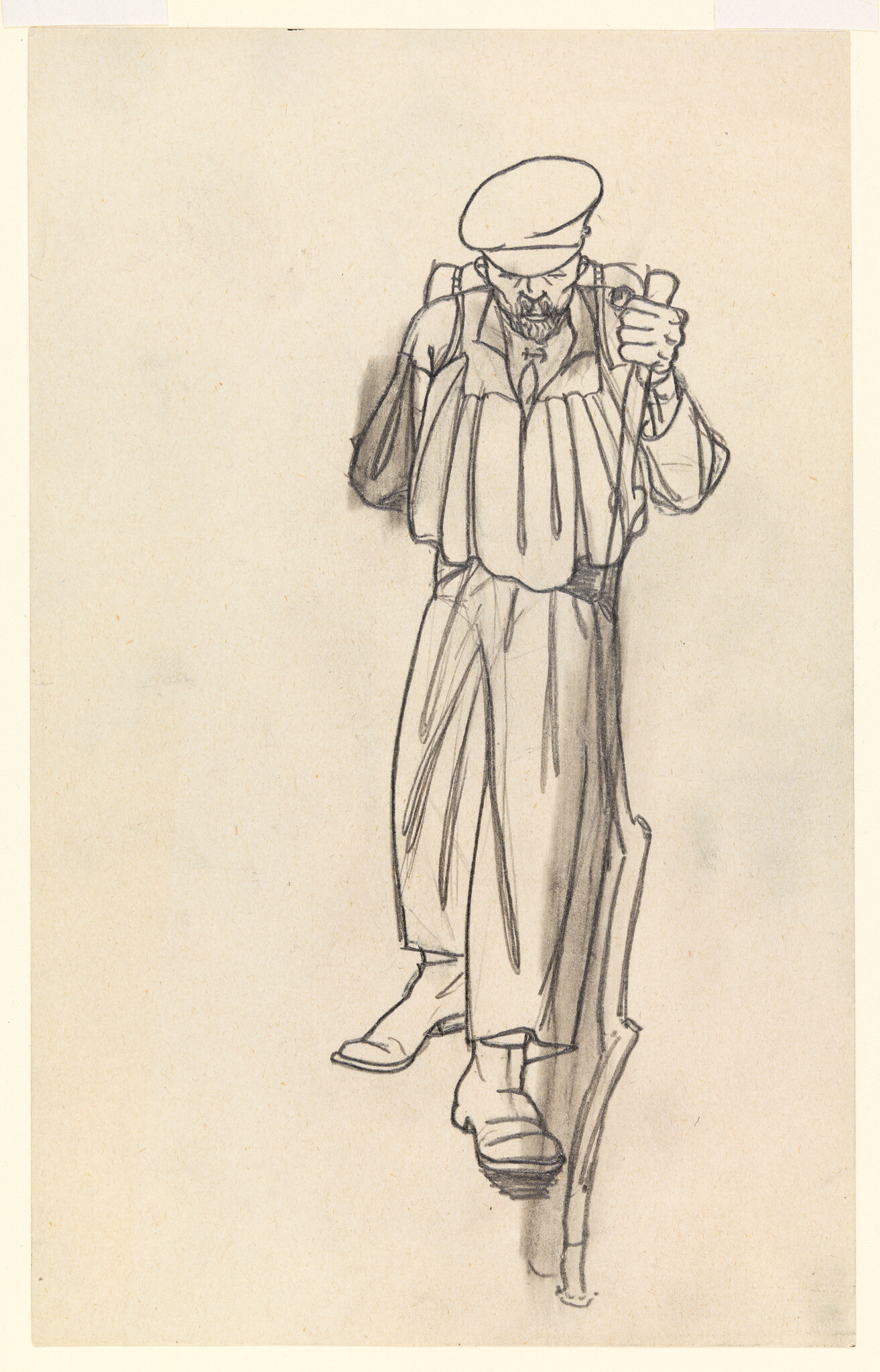 An elderly man wearing a cap balances on a narrow log while holding a walking stick.