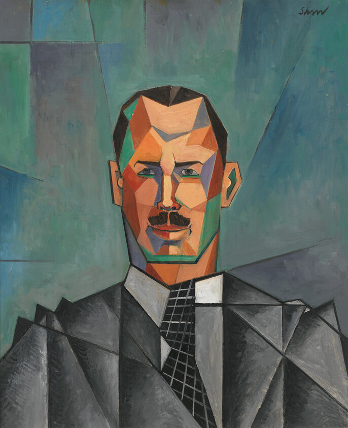 Man with mustache in geometric, cubist-style portrait wearing a suit and checkered tie.