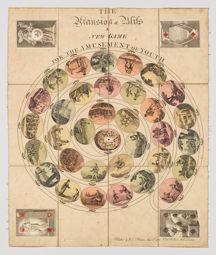 The Mansion of Bliss board game with concentric colored circles showing illustrated game spaces and scenes.
