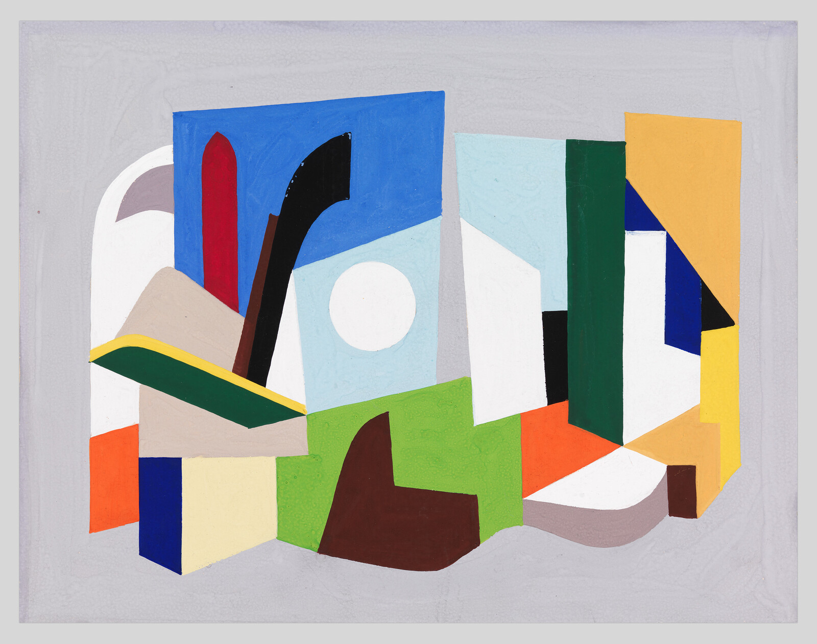 Abstract painting with colorful geometric shapes, including rectangles, triangles, and a white circle on a gray background.