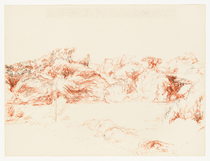Sketch of a rocky coastline with rough red-brown crayon lines and a low shoreline.