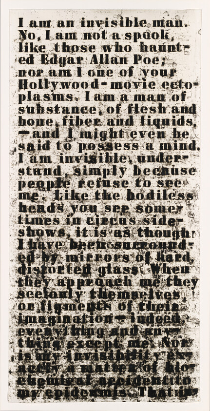 Distressed poster with bold, block text starting "I am an invisible man" covering the page.