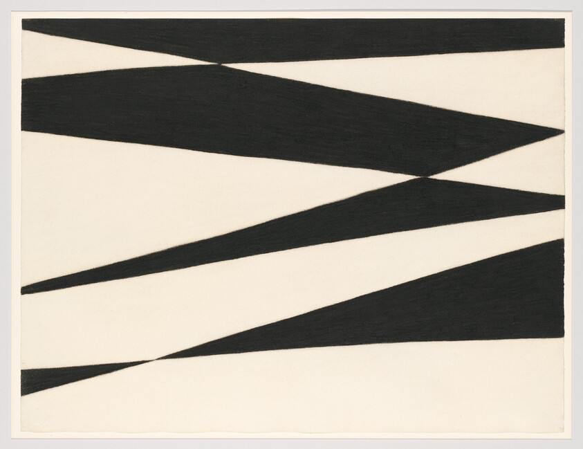 Black angled triangular bands cut across a white background creating alternating diagonal shapes.